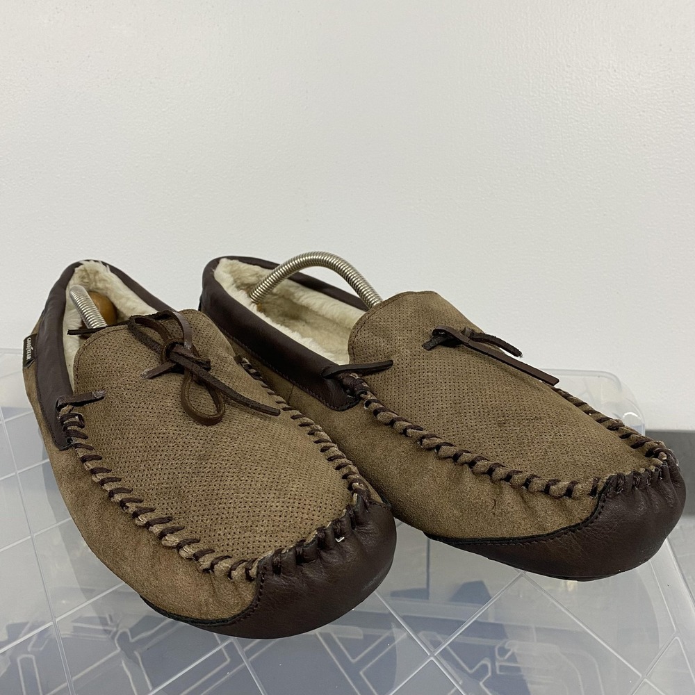 Goodyear Slippers Shoes Mens Size 10 Brown Suede Moccasin Faux Fur Lined Indoor